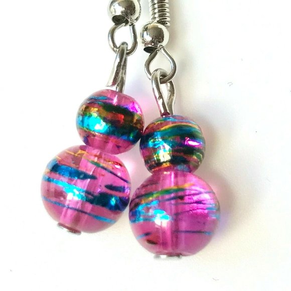 Pink Blue Gold Murano Art Glass Earrings Bead Hand Painted Round Silver Plated - Picture 1 of 7